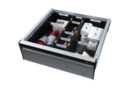 Kit de utensilios 9 compartimentos para cajón de Doble Suelo 437,5 mm de ancho, altura 140 mm